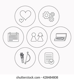 Love heart, jewelry and couple icons. Valentine amour arrows linear signs. Check file, calendar and cogwheel icons. Vector