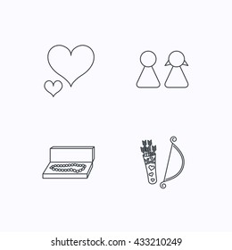 Love heart, jewelry and couple icons. Valentine amour arrows linear signs. Flat linear icons on white background. Vector