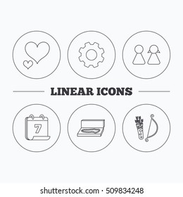 Love heart, jewelry and couple icons. Valentine amour arrows linear signs. Flat cogwheel and calendar symbols. Linear icons in circle buttons. Vector