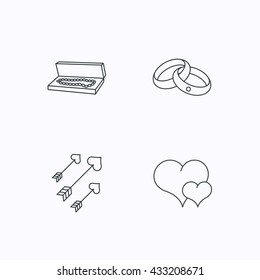 Love heart, jewelry and wedding rings icons. Arrows with hearts linear sign. Flat linear icons on white background. Vector