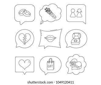 Love heart, kiss and wedding rings icons. Broken heart, couple and gift box linear signs. Valentine amour arrows flat line icons. Linear Speech bubbles with icons set. Comic chat balloon. Vector