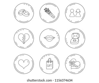 Love heart, kiss and wedding rings icons. Broken heart, couple and gift box linear signs. Valentine amour arrows flat line icons. Linear Circles web buttons with icons. Vector