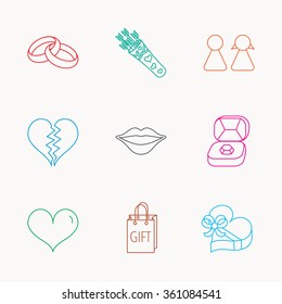Love heart, kiss and wedding rings icons. Broken heart, couple and gift box linear signs. Valentine amour arrows flat line icons. Linear colored icons.