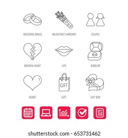 Love heart, kiss and wedding rings icons. Broken heart, couple and gift box linear signs. Valentine amour arrows flat line icons. Report document, Graph chart and Calendar signs. Vector