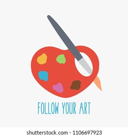 love heart like colorful palette cartoon & oil or water color isolated concept. paintbrush vector follow your ART. beautiful idea. artistic card. paint & draw. have fun & be creative. do what you like