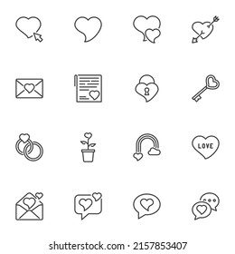 Love, heart line icons set, valentines day outline vector symbol collection, linear style pictogram pack. Signs, logo illustration. Set includes icons as heart key, romantic message, wedding rings