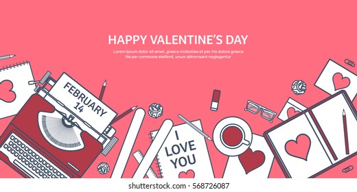 Love and heart. Lined vector illustration. Flat background with typewriter. Hearts. Valentines day. Be my valentine. 14 february. Message.