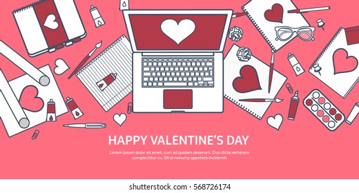 Love and heart. Lined vector illustration. Flat background with laptop. Hearts. Valentines day. Be my valentine. 14 february. Message.