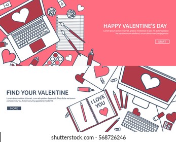 Love and heart. Lined vector illustration. Flat background with laptop. Hearts. Valentines day. Be my valentine. 14 february. Message.