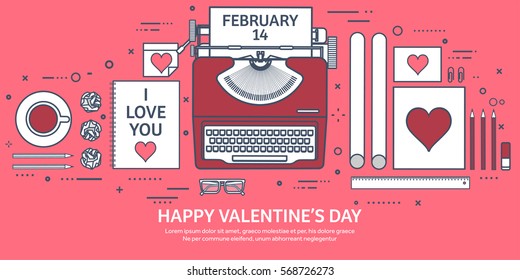 Love and heart. Lined vector illustration. Flat background with typewriter. Hearts. Valentines day. Be my valentine. 14 february. Message.