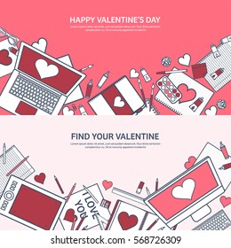 Love and heart. Lined vector illustration. Flat background with laptop. Hearts. Valentines day. Be my valentine. 14 february. Message.