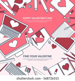 Love and heart. Lined vector illustration. Flat background with laptop. Hearts. Valentines day. Be my valentine. 14 february. Message.