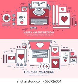 Love and heart. Lined vector illustration. Flat background with laptop, typewriter. Hearts. Valentines day. Be my valentine. 14 february. Message.