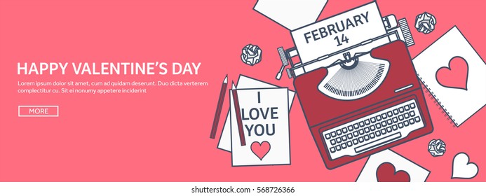 Love and heart. Lined vector illustration. Flat background with typewriter. Hearts. Valentines day. Be my valentine. 14 february. Message.