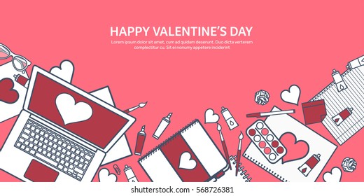 Love and heart. Lined vector illustration. Flat background with laptop. Hearts. Valentines day. Be my valentine. 14 february. Message.