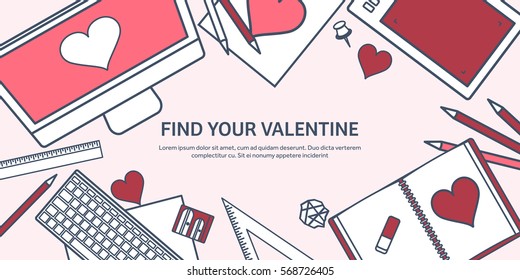 Love and heart. Lined vector illustration. Flat background with laptop. Hearts. Valentines day. Be my valentine. 14 february. Message.