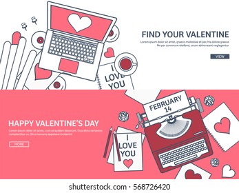 Love and heart. Lined vector illustration. Flat background with laptop, typewriter. Hearts. Valentines day. Be my valentine. 14 february. Message.