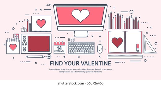 Love and heart. Lined vector illustration. Flat background with laptop. Hearts. Valentines day. Be my valentine. 14 february. Message.