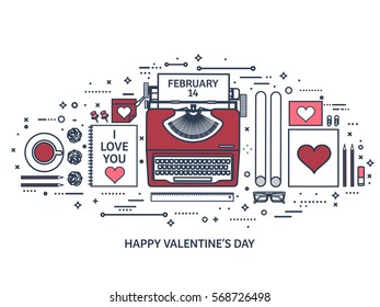 Love and heart. Lined vector illustration. Flat background with typewriter. Hearts. Valentines day. Be my valentine. 14 february. Message.