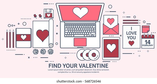 Love and heart. Lined vector illustration. Flat background with laptop. Hearts. Valentines day. Be my valentine. 14 february. Message.