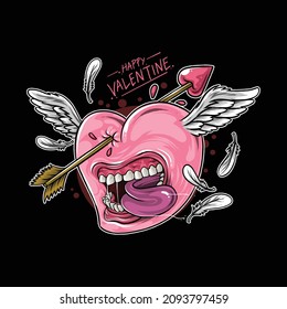 a love heart with lips and wings that are hit by love arrows as a t-shirt or logo design on valentine's day 