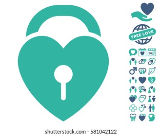 Love Heart Lock icon with bonus passion graphic icons. Vector illustration style is flat iconic cobalt and cyan symbols on white background.