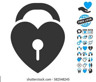Love Heart Lock icon with bonus love pictures. Vector illustration style is flat iconic blue and gray symbols on white background.