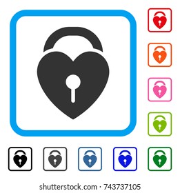 Love Heart Lock icon. Flat grey pictogram symbol in a blue rounded squared frame. Black, gray, green, blue, red, orange color variants of Love Heart Lock vector.