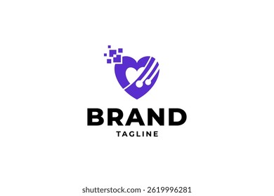 love heart logo with pixel technology icon in flat design