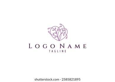 love heart logo with plant leaf combination in line art design style