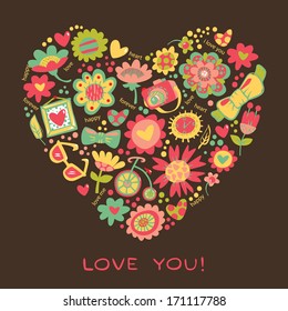 Love Heart made of flowers and fashionable things. Vector illustration. 