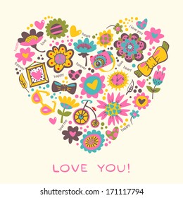 Love Heart made of flowers and fashionable things. Vector illustration. 