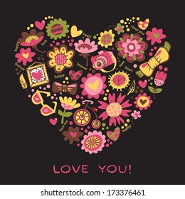 Love Heart made of flowers and fashionable things. Vector illustration. Template for design cartoon greeting card, wedding invitation, Valentines day background