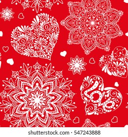 Love heart and mandalas seamless pattern in white and red colors for Valentine's Day. Stock line vector illustration.