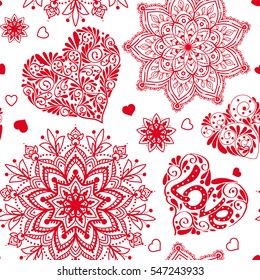 Love heart and mandalas seamless pattern in white and red colors for Valentine's Day. Stock line vector illustration.