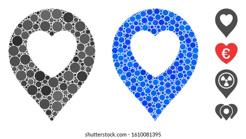 Composición de marcadores del corazón de amor de círculos llenos en tamaños y matices variables, basados en el icono del marcador del corazón de amor. Los círculos rellenos de vectores se combinan en ilustración azul.