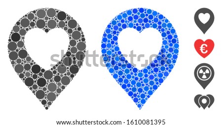 Love heart marker composition of filled circles in variable sizes and shades, based on love heart marker icon. Vector filled circles are combined into blue illustration.