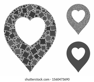 Love heart marker composition of rugged parts in various sizes and color tinges, based on love heart marker icon. Vector humpy parts are composed into composition.