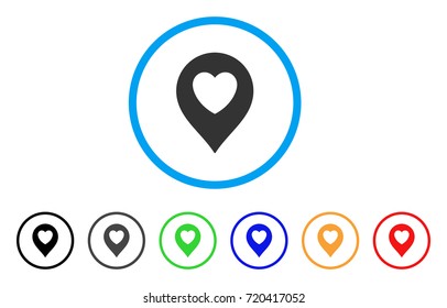 Love Heart Marker rounded icon. Style is a flat love heart marker gray symbol inside light blue circle with black, gray, green, blue, red, orange color versions.