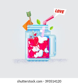 Love heart in mason jar. love and juice concept. Congratulation on Valentine's Day - vector illustration