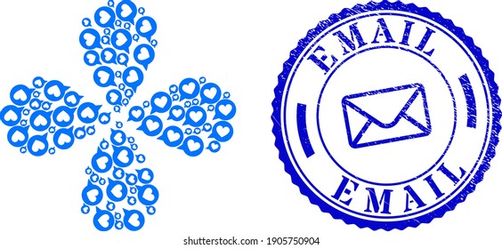 Love heart message swirl flower with four petals, and blue round EMAIL unclean stamp seal with icon inside. Element flower composed from oriented love heart message symbols.