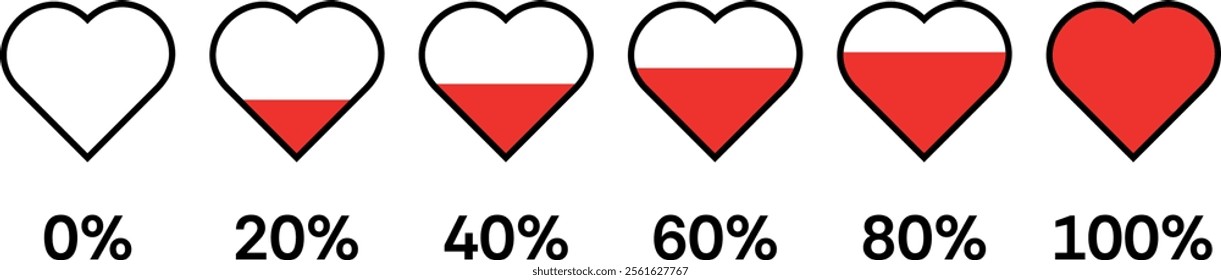 Love, Heart meter, rating. Collection of heart with loading progress. Vector illustration 