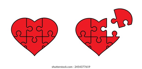 Amor, mes del corazón. rompecabezas, conexión de piezas de rompecabezas. Icono de pieza de puzzle. Para febrero, San Valentín, Día de San Valentín. Doble placa rompecabezas de la cuadrícula. Concepto de trabajo en equipo. Signo de mosaico. Coincidencia o cita a ciegas.