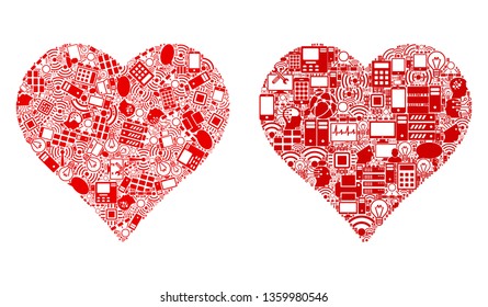 Love Heart mosaic icons constructed for bigdata purposes. Vector love heart mosaics are combined from computer, calculator, connections, wi-fi, network icons into abstract collages.