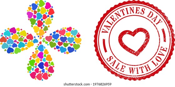 Love heart multi colored twirl flower shape, and red round VALENTINES DAY SALE WITH LOVE dirty stamp imitation. Love heart symbol inside round stamp.