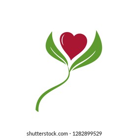 Love Heart On Leaf Icon Vector Logo Template