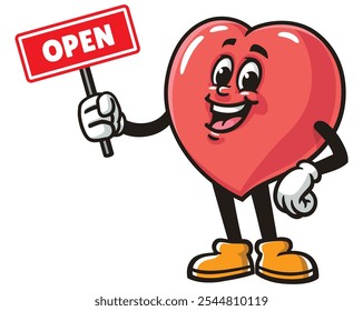 Love Heart with open sign, Cartoon Mascot Illustration Character Vector Clip-art Hand-drawn Logo Design