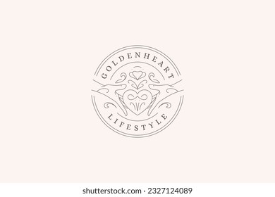 Ornamento de corazón de amor en las manos humanas círculo de mínima línea de vintage diseño de plantilla de ilustración vectorial. Símbolo romántico de amor con flor emblema curvo de flor para invitación a boda nupcial