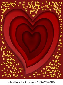 Love Heart from paper cut style, Valentines day card with confetti vector background