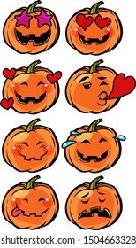 love heart passion confusion Emoji Halloween pumpkin set collection. comic cartoon pop art retro vector illustration drawing